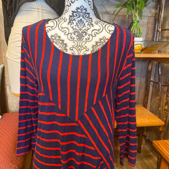 WOMEN'S SIZE XL RED NAVY LONG TUNIC TOP BLOUSE STRIPED - Picture 2 of 5